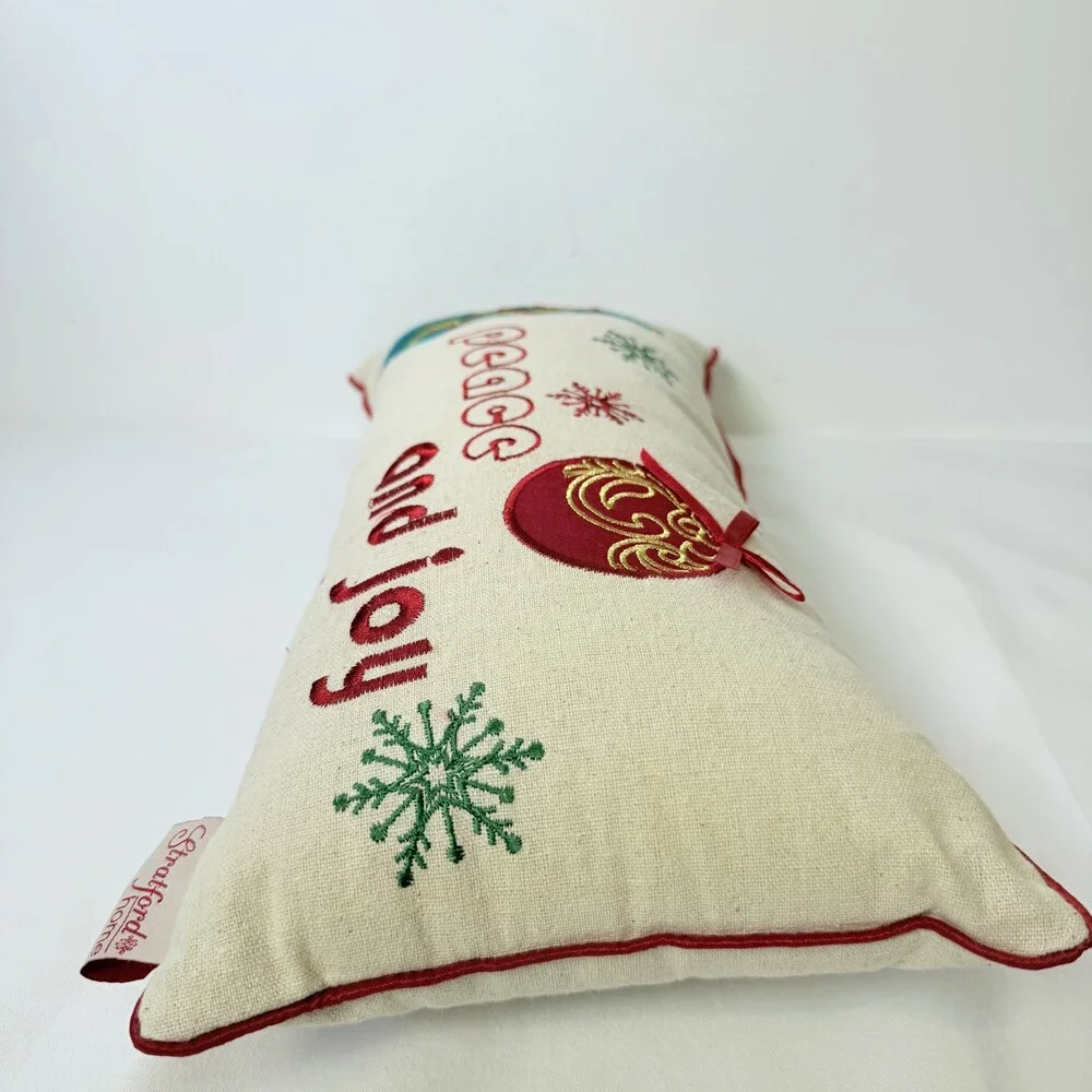 Stratford Home Off-white Embroidered Peace Joy Christmas Pillow 16.5x8